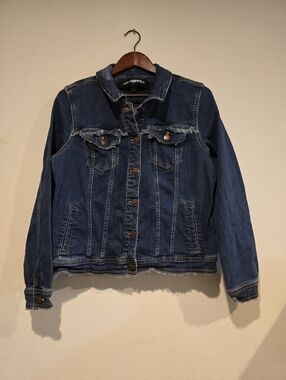 Karl Lagerfeld Paris Denim Jacket Large Distressed Trucker Stretch Frayed Hem